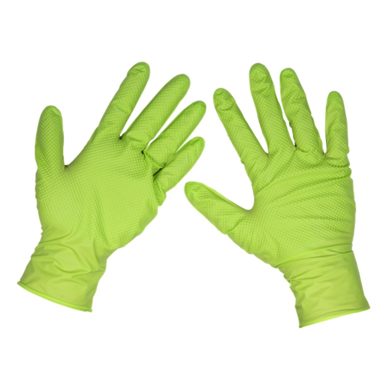 Sealey | Diamond Grip Extra-Thick Nitrile Powder-Free Gloves, Hi-Vis Green, X-Large - Pack of 50 - SSP54XL