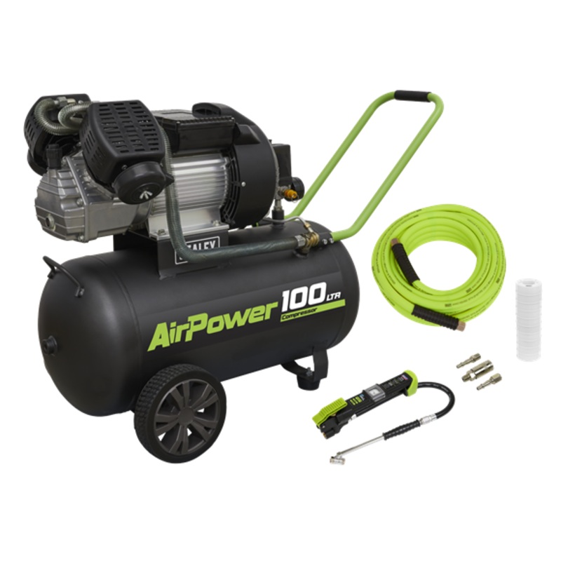 Sealey | 100L Direct Drive V-Twin Air Compressor 3hp with Air Accessory Kit - SAC10030VEKIT