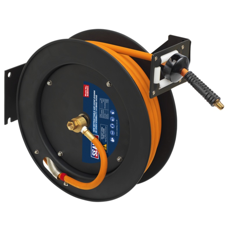Sealey | 15m Retractable High-Visibility Hybrid Air Hose with Metal Reel 10mm ID - SA841HY