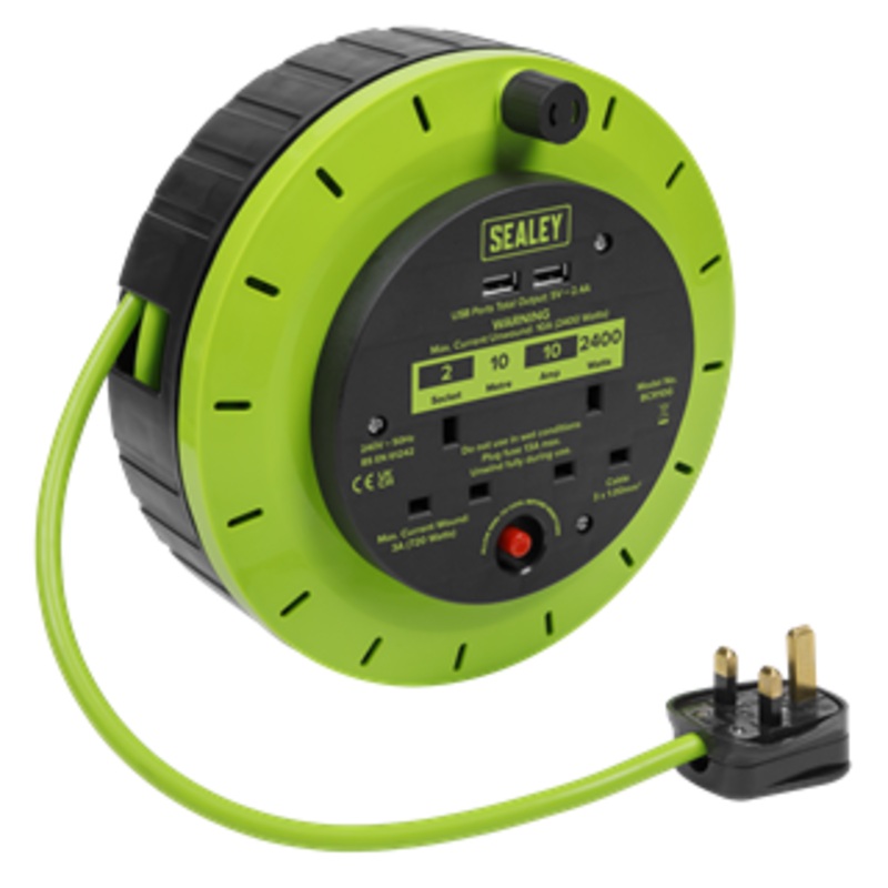 Sealey | 10m Cassette Type Cable Reel with Thermal Trip 2 x 230V & 2 x USB - Hi-Vis Green - BCR10G