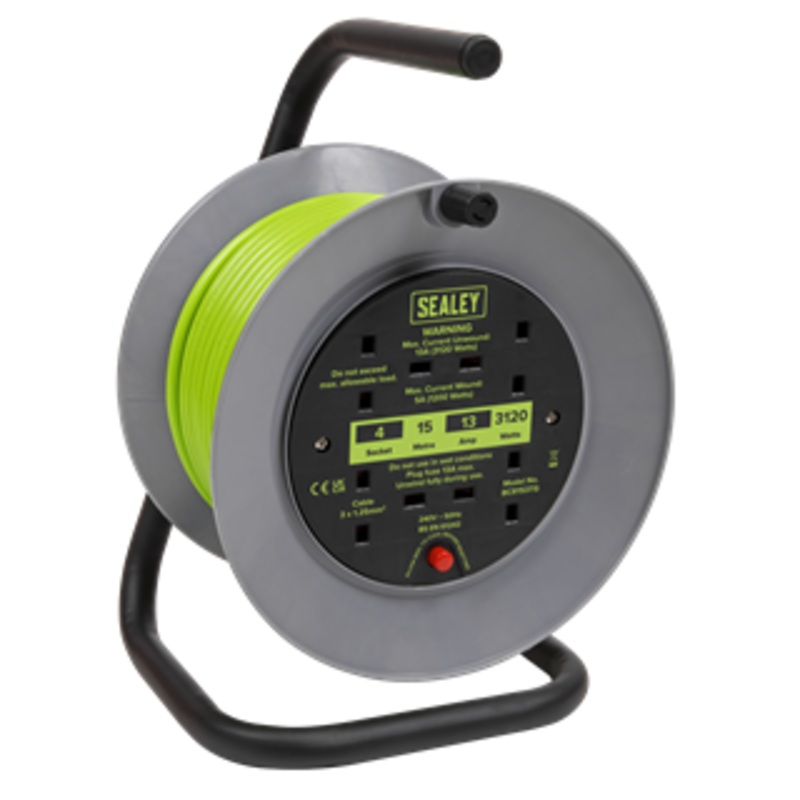 Sealey | 15m Cable Reel with Thermal Trip 4 x 230V - Hi-Vis Green - BCR153TG
