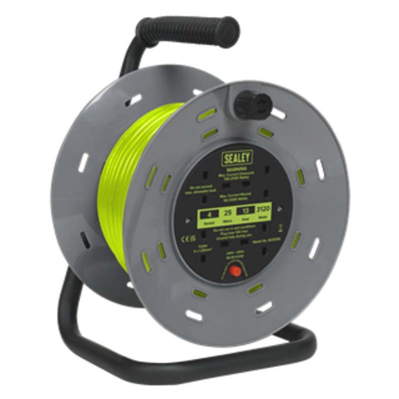 Sealey | 25m Cable Reel with Thermal Trip 4 x 230V - Hi-Vis Green - BCR25G
