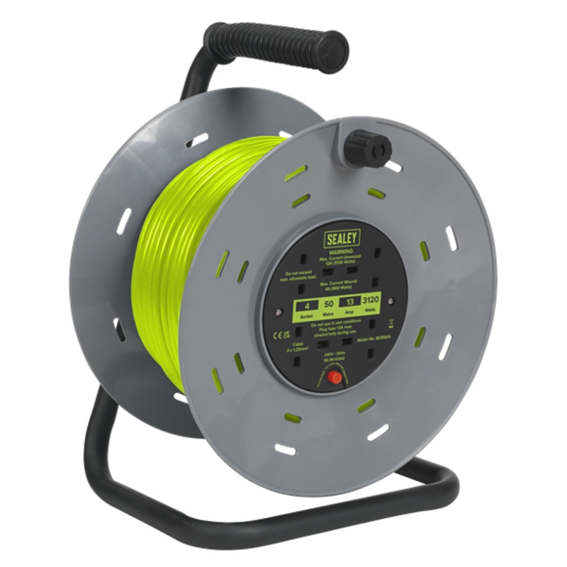 Sealey | 50m Cable Reel with Thermal Trip 4 x 230V - Hi-Vis Green - BCR50G