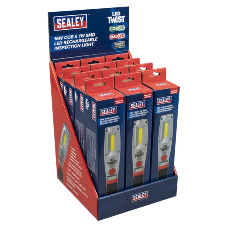 Sealey | LED Twist Rechargeable Inspection Light 16W COB & 1W SMD - Display Box of 12 - LED2001DB