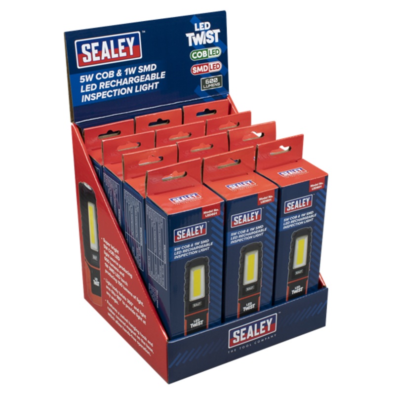 Sealey | LED Twist Rechargeable Inspection Light 5W COB & 1W SMD - Display Box of 12 - LED601DB