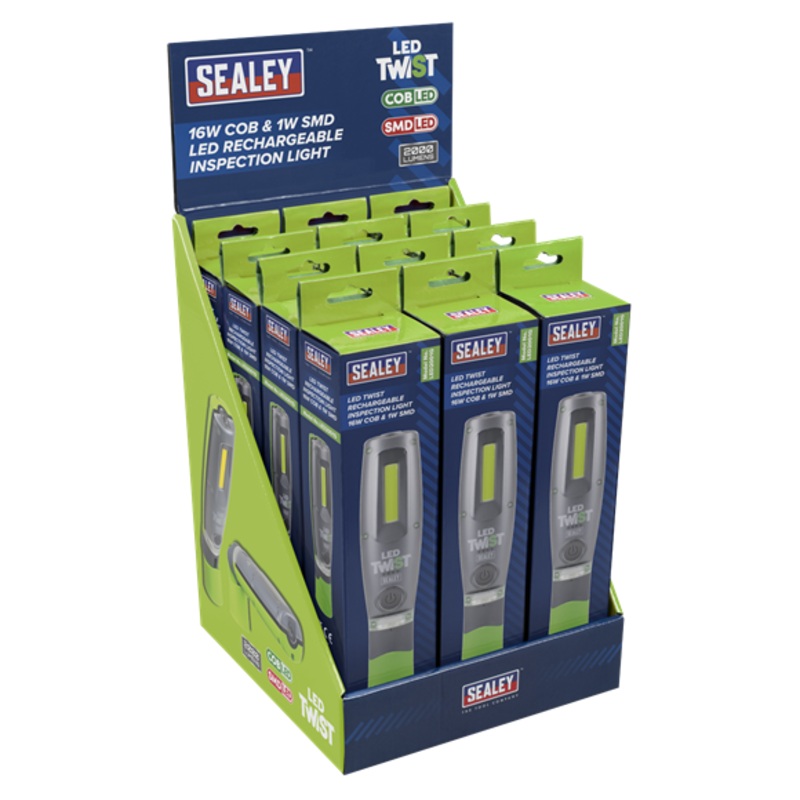 Sealey | Rechargeable Inspection Light 16W COB & 1W SMD LED - Green - Display Box of 12 - LED2001GDB