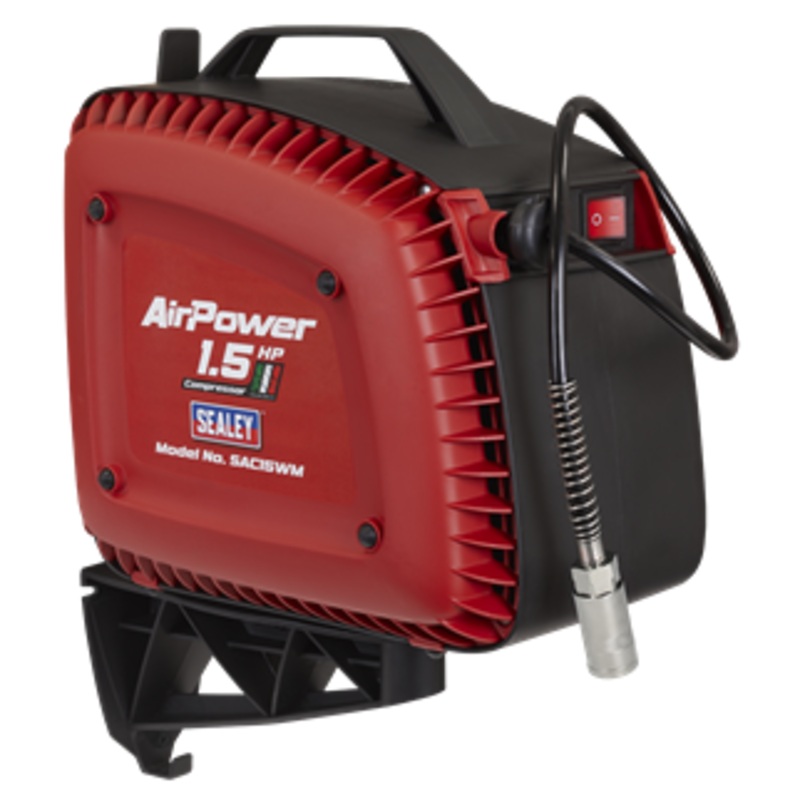 Sealey | Wall Mounting Oil Free Air Compressor 1.5hp with 7m Retractable Hose Reel - SAC15WM