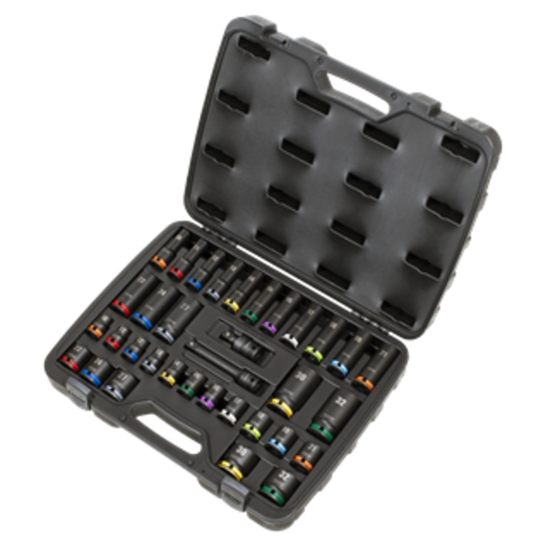 Sealey | Lock-On Standard & Deep Impact Socket Set 34pc 1/2"Sq Drive 6pt Metric - AK5636M