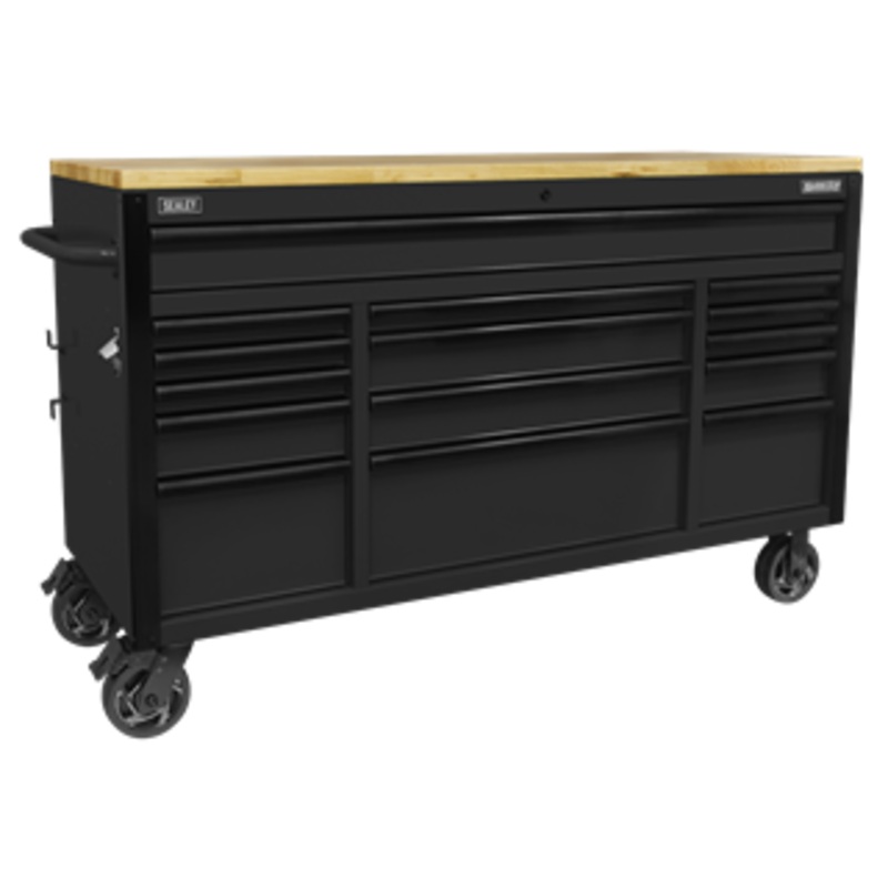 Sealey | Superline PRO Black Edition Mobile Trolley with Wooden Worktop 15 Drawer 1549mm - AP6215BE